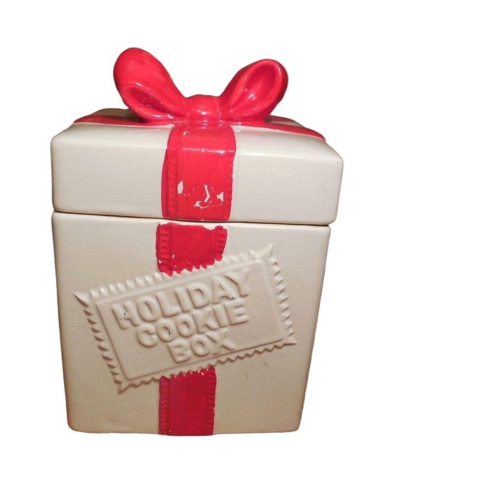 Holiday Cookie Box Cookie Jar  Gift with Red Bow - Japan -vintage